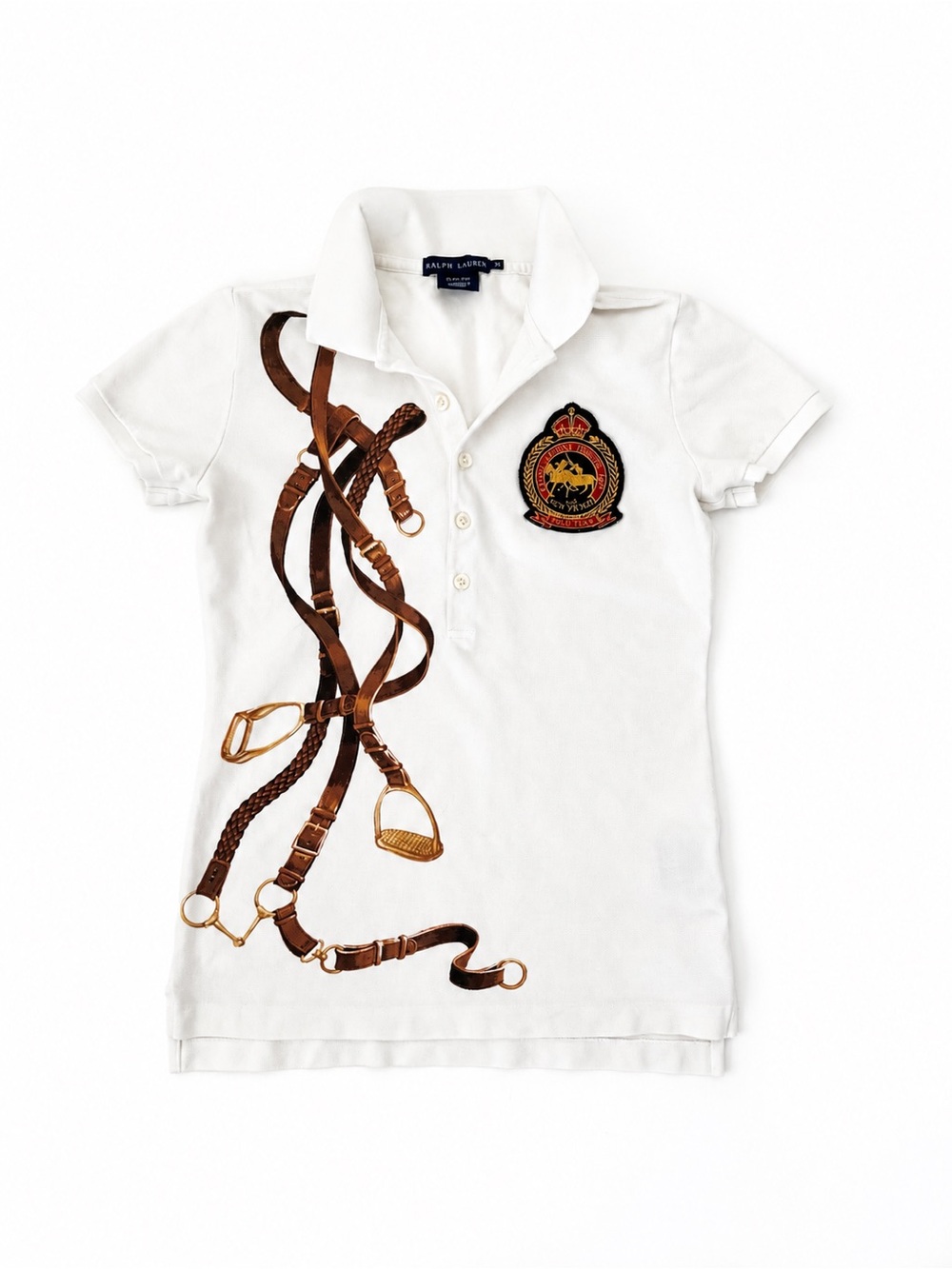 Ralph Lauren Polo Equestrian Shirt XS Ivory  Print Crest Logo Slim Fit